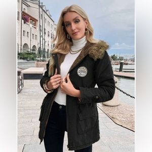 Essence Patch Detail Drawstring Waist Teddy Lined Fuzzy Trim Hooded Parka Coat